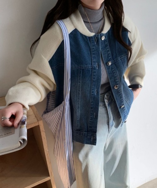 ABITOKYO(アビトーキョー)の「配色ラインデニムドッキングブルゾン(テーラードジャケット・レディース・ブラック/アイボリー/ベージュ・FREE)」の8枚目の写真