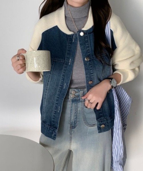 ABITOKYO(アビトーキョー)の「配色ラインデニムドッキングブルゾン(テーラードジャケット・レディース・ブラック/アイボリー/ベージュ・FREE)」の10枚目の写真