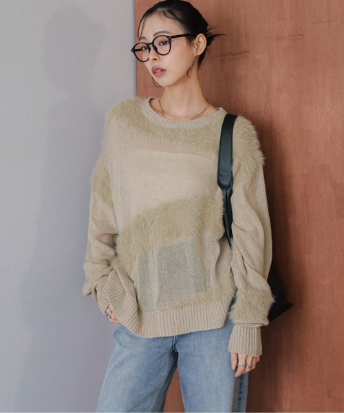 AMELY(エミリー)の「シャギーミックスシアーニットトップス(ニット/セーター・レディース・ブラック/チャコール/ベージュ/ブラウン・フリー)」の1枚目の写真