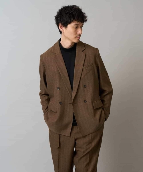 a.v.v(アーヴェヴェ)の「【イージーケア/毛玉になりにくい】LANATECヘリンボーンダブルブレストジャケット【ストレッチ/洗濯機で洗える】(テーラードジャケット・メンズ・ブラウン・48/46)」の1枚目の写真