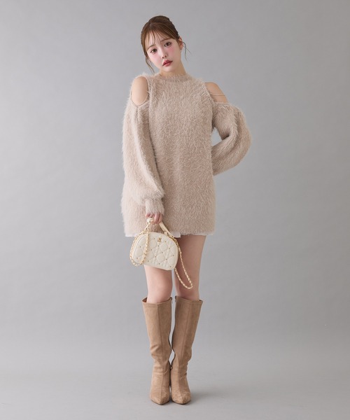 NICE CLAUP 肩あきビジューニットミニワンピース 肩あきビジューニットミニワンピース（ワンピース）｜one after