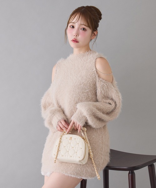 肩あきビジューニットミニワンピース（ワンピース）｜one after