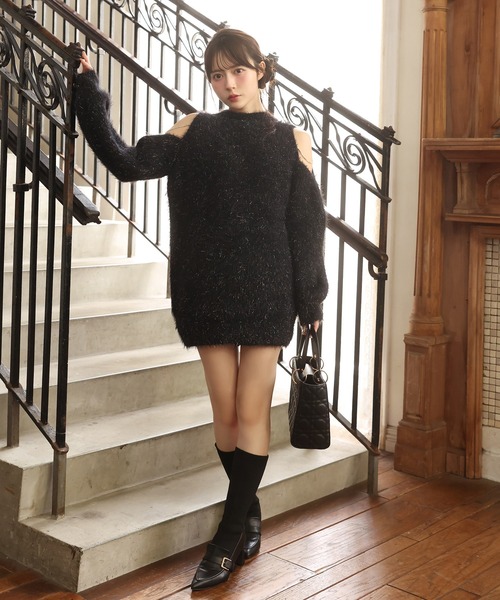 セール】肩あきビジューニットミニワンピース（ワンピース）｜one