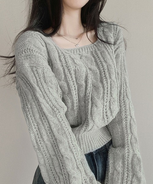 meJane（ミージェーン）の「スクエアネック ケーブルニットプルオーバー（ニット/セーター・レディース・ブラック/オフホワイト/グレー・FREE）」の3枚目の写真