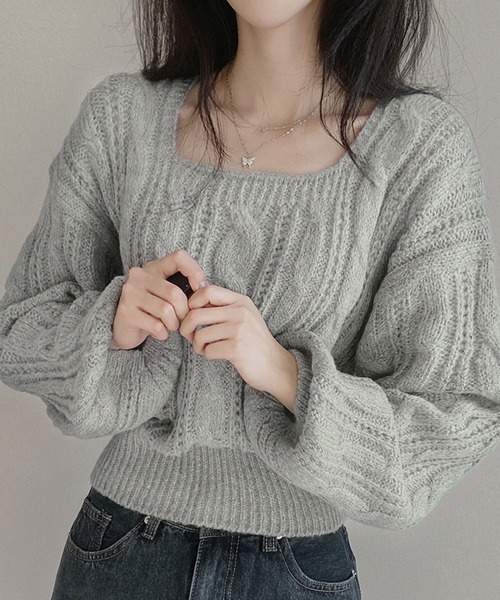 meJane（ミージェーン）の「スクエアネック ケーブルニットプルオーバー（ニット/セーター・レディース・ブラック/オフホワイト/グレー・FREE）」の8枚目の写真