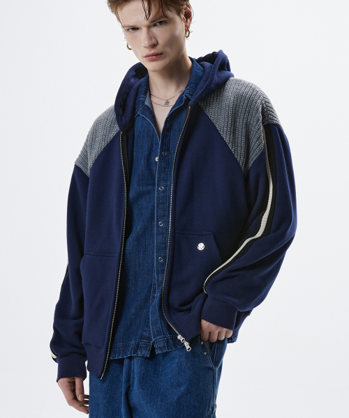 Knit Mixed Hood Zipup — вязаная худи‑куртка на молнии, navy (темно‑синий)