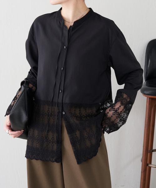 COLLAGE GALLARDAGALANTE（コラージュガリャルダガランテ）の「レース切替シャツ（シャツ/ブラウス・レディース・オフホワイト/ブラック・FREE）」の2枚目の写真