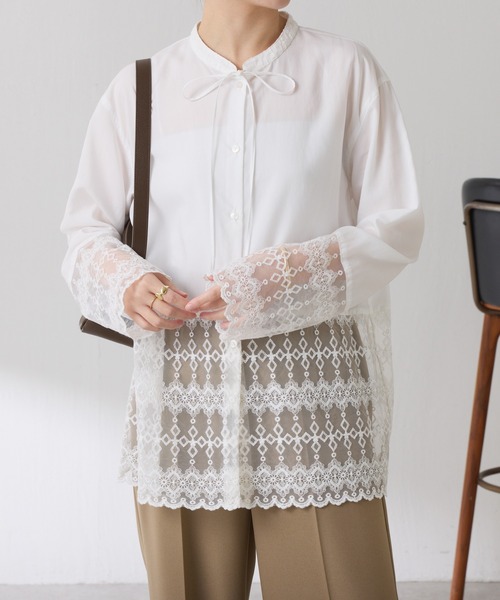 COLLAGE GALLARDAGALANTE（コラージュガリャルダガランテ）の「レース切替シャツ（シャツ/ブラウス・レディース・オフホワイト/ブラック・FREE）」の4枚目の写真