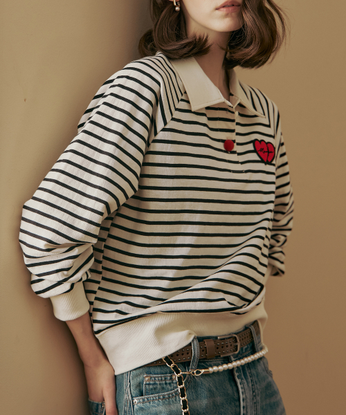 MAXZA(マージャコレクション)の「ハートワッペンシャツカラーストライプTシャツ(Tシャツ/カットソー・レディース・アイボリー・FREE)」の1枚目の写真