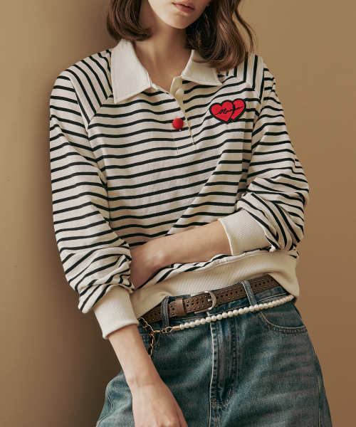 MAXZA(マージャコレクション)の「ハートワッペンシャツカラーストライプTシャツ(Tシャツ/カットソー・レディース・アイボリー・FREE)」の2枚目の写真