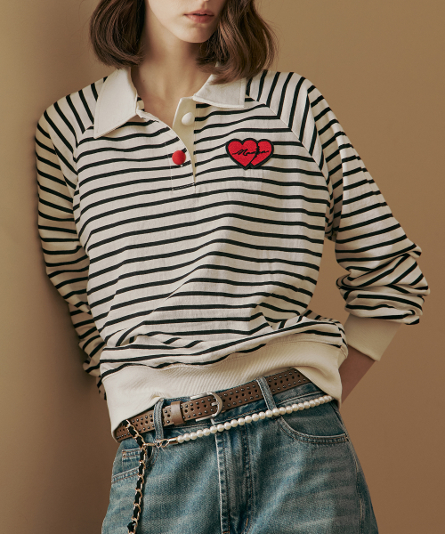 MAXZA(マージャコレクション)の「ハートワッペンシャツカラーストライプTシャツ(Tシャツ/カットソー・レディース・アイボリー・FREE)」の3枚目の写真