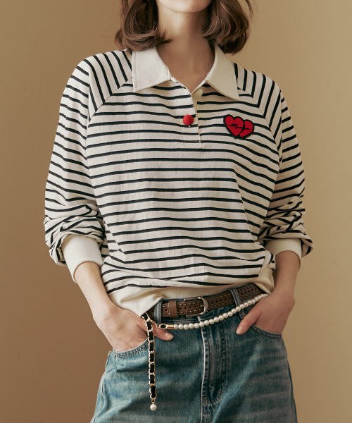 MAXZA(マージャコレクション)の「ハートワッペンシャツカラーストライプTシャツ(Tシャツ/カットソー・レディース・アイボリー・FREE)」の4枚目の写真
