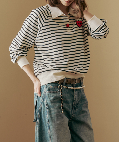 MAXZA(マージャコレクション)の「ハートワッペンシャツカラーストライプTシャツ(Tシャツ/カットソー・レディース・アイボリー・FREE)」の5枚目の写真