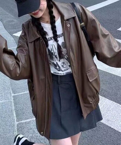 almo（アルモ）の「【TUNE】合皮ジャケット（ライダースジャケット・レディース・ブラウン/ブラック・FREE）」の2枚目の写真