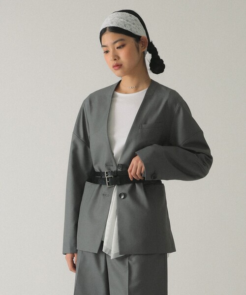 Ray BEAMS（レイビームス）の「ノーカラー ビッグ ジャケット（ノーカラージャケット・レディース・グレー/ブラック・0/1）」の6枚目の写真