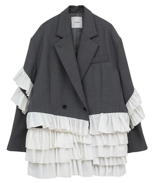 CLANE(クラネ)の「【CLANE/クラネ】FRILLED TAILORED JACKET/フリルテーラードジャケット(テーラードジャケット・レディース・グレー/ブラック・1)」の1枚目の写真