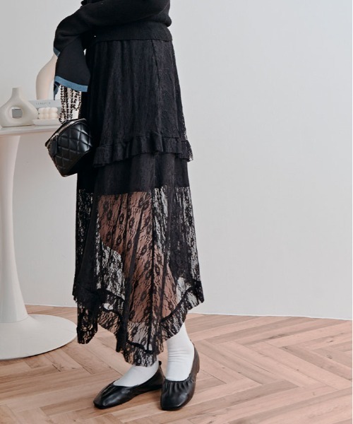 kirakiraShop(キラキラショップ)の「レース ティアード アシンメトリー スカート(スカート・レディース・ホワイト/ブラック・FREE)」の15枚目の写真