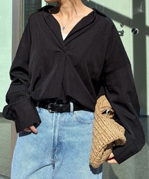 【ISOOK / アイスー】オーバーサイズスキッパーシャツ / ブラウス 長袖 ルーズ ビッグシルエット ワッシャー しわ加工 無地 ブルー ブラック ホワイト 青シャツ 白シャツ 黒 ZOZOTOWN限定