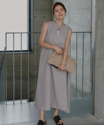 小さいサイズ 麻調シリーズ VネックノースリーブAラインワンピース 低身長さん・小柄女性