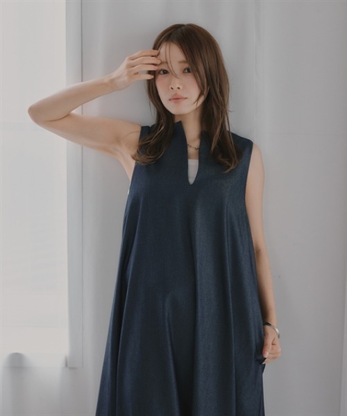 Petitjo（プッチージョ）の「小さいサイズ　麻調シリーズ　VネックノースリーブAラインワンピース　低身長さん・小柄女性（ワンピース・レディース・ブルー/グレー/ベージュ・PL/PM/PS/PSS）」の13枚目の写真