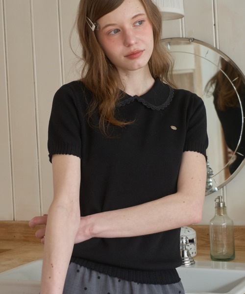 Birthday room（バースデイルーム）の「丸襟サマーニットポロ/Round-neck summer knit polo（ポロシャツ・レディース・ブラック/ホワイト・FREE）」の2枚目の写真