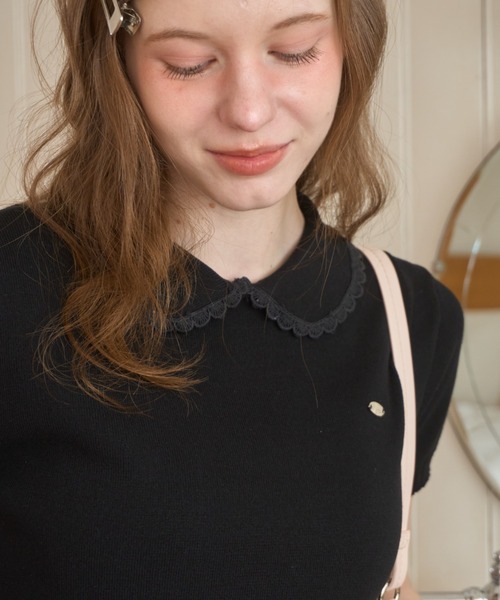 Birthday room（バースデイルーム）の「丸襟サマーニットポロ/Round-neck summer knit polo（ポロシャツ・レディース・ブラック/ホワイト・FREE）」の12枚目の写真