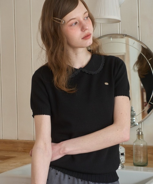 Birthday room（バースデイルーム）の「丸襟サマーニットポロ/Round-neck summer knit polo（ポロシャツ・レディース・ブラック/ホワイト・FREE）」の13枚目の写真