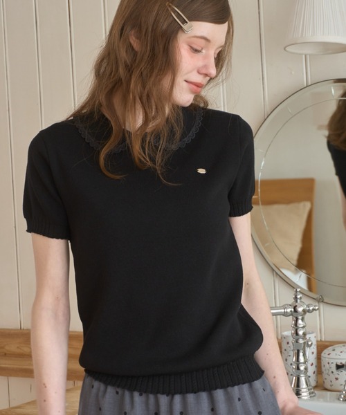 Birthday room（バースデイルーム）の「丸襟サマーニットポロ/Round-neck summer knit polo（ポロシャツ・レディース・ブラック/ホワイト・FREE）」の14枚目の写真