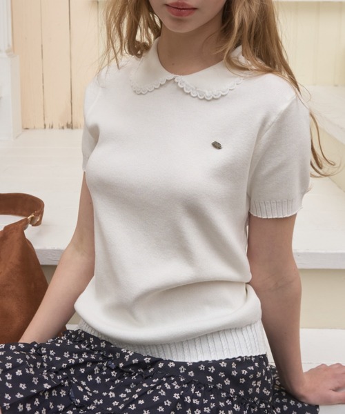 Birthday room（バースデイルーム）の「丸襟サマーニットポロ/Round-neck summer knit polo（ポロシャツ・レディース・ブラック/ホワイト・FREE）」の3枚目の写真