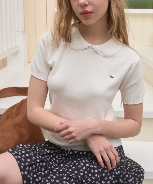 Birthday room（バースデイルーム）の「丸襟サマーニットポロ/Round-neck summer knit polo（ポロシャツ・レディース・ブラック/ホワイト・FREE）」の4枚目の写真