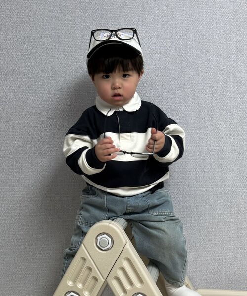 MUSINSA STANDARD KIDS（ムシンサスタンダードキッズ）の「オーバーサイズストライプラグビー スウェットシャツ [ネイビー/クリーム]（スウェット・レディース・その他・100/110/120/130/140/150/160）」の7枚目の写真