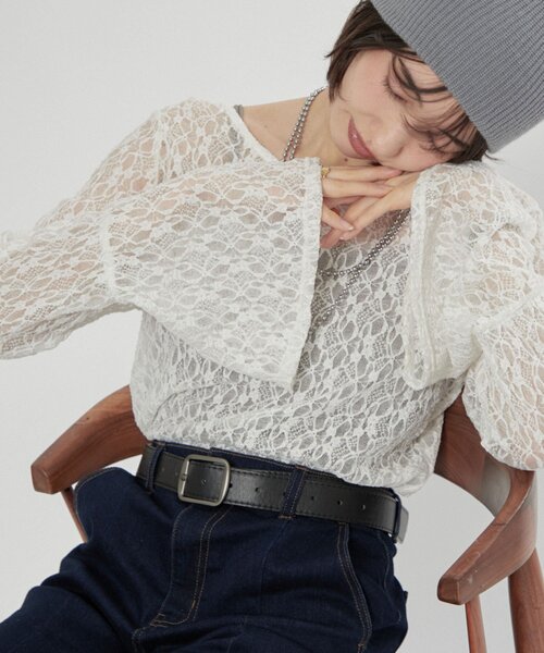 Remind me and forever（リマインドミーアンドフォーエバー）の「【レディライクなきこなしに】レースフレアー袖プルオーバー（Tシャツ/カットソー・レディース・オフホワイト/ブラック・FREE）」の8枚目の写真
