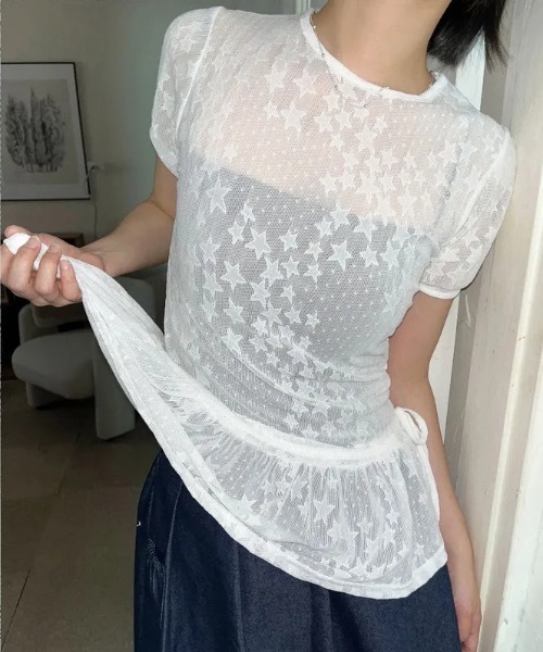 Teem Store(チームストア)の「星柄フリルレースシアートップス パフスリーブ半袖(Tシャツ/カットソー・レディース・ホワイト/ブラック・F)」の15枚目の写真