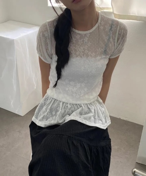 Teem Store(チームストア)の「星柄フリルレースシアートップス パフスリーブ半袖(Tシャツ/カットソー・レディース・ホワイト/ブラック・F)」の4枚目の写真