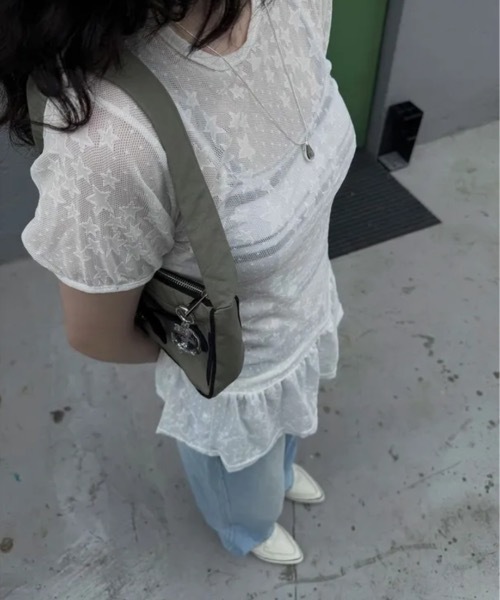 Teem Store(チームストア)の「星柄フリルレースシアートップス パフスリーブ半袖(Tシャツ/カットソー・レディース・ホワイト/ブラック・F)」の14枚目の写真