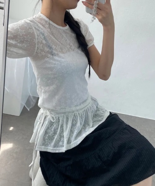 Teem Store(チームストア)の「星柄フリルレースシアートップス パフスリーブ半袖(Tシャツ/カットソー・レディース・ホワイト/ブラック・F)」の5枚目の写真