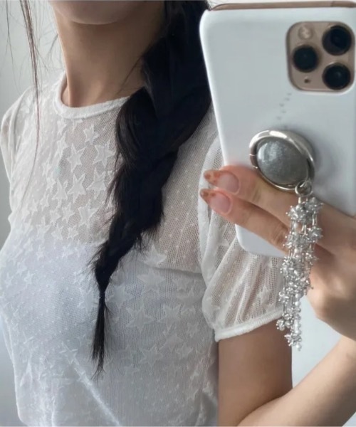 Teem Store(チームストア)の「星柄フリルレースシアートップス パフスリーブ半袖(Tシャツ/カットソー・レディース・ホワイト/ブラック・F)」の6枚目の写真