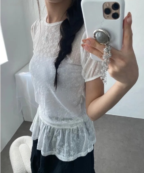 Teem Store(チームストア)の「星柄フリルレースシアートップス パフスリーブ半袖(Tシャツ/カットソー・レディース・ホワイト/ブラック・F)」の7枚目の写真