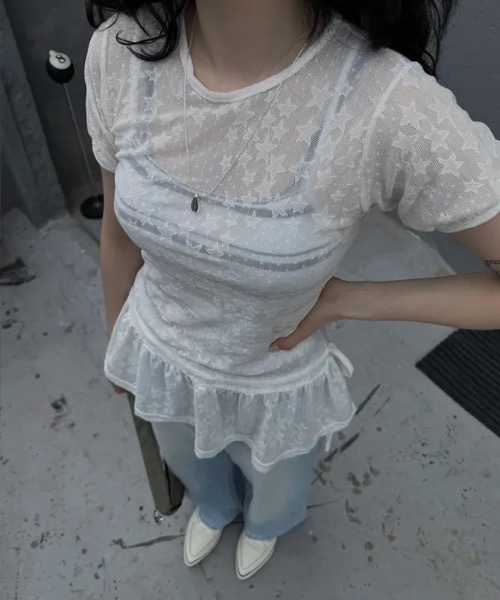 Teem Store(チームストア)の「星柄フリルレースシアートップス パフスリーブ半袖(Tシャツ/カットソー・レディース・ホワイト/ブラック・F)」の22枚目の写真