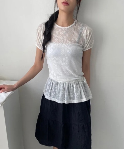Teem Store(チームストア)の「星柄フリルレースシアートップス パフスリーブ半袖(Tシャツ/カットソー・レディース・ホワイト/ブラック・F)」の8枚目の写真