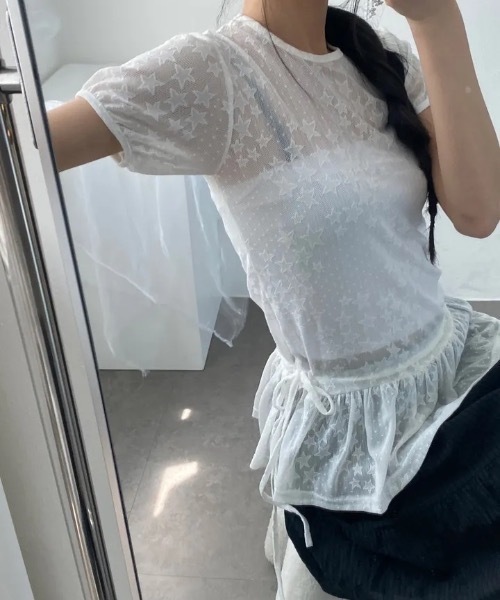 Teem Store(チームストア)の「星柄フリルレースシアートップス パフスリーブ半袖(Tシャツ/カットソー・レディース・ホワイト/ブラック・F)」の9枚目の写真