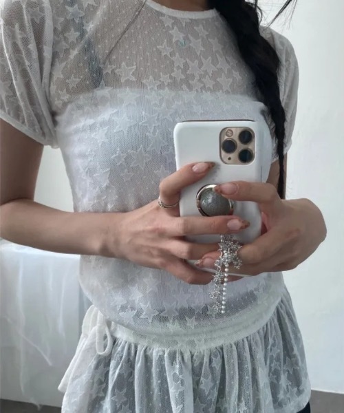 Teem Store(チームストア)の「星柄フリルレースシアートップス パフスリーブ半袖(Tシャツ/カットソー・レディース・ホワイト/ブラック・F)」の10枚目の写真