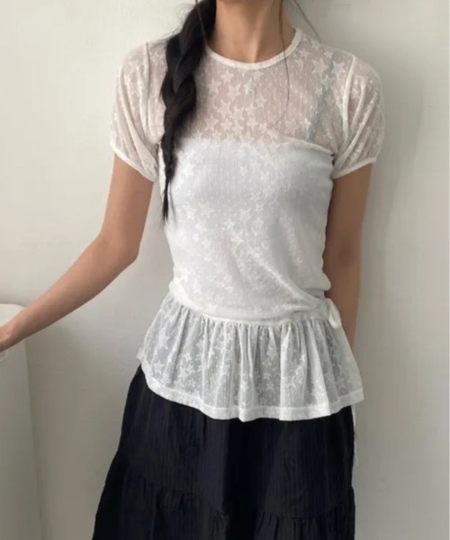 Teem Store(チームストア)の「星柄フリルレースシアートップス パフスリーブ半袖(Tシャツ/カットソー・レディース・ホワイト/ブラック・F)」の11枚目の写真