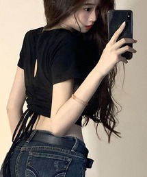 ドローストリングバックレス背あき半袖Tシャツ
