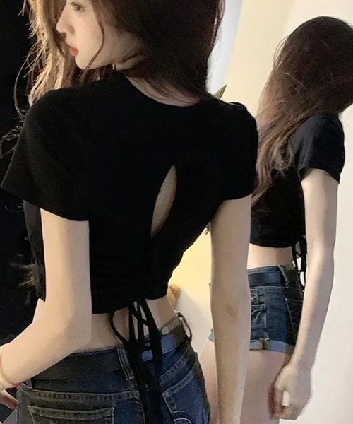 Songe(ソンジュ)の「ドローストリングバックレス背あき半袖Tシャツ(Tシャツ/カットソー・レディース・オフホワイト/ブラック/ホワイト・L/M/S)」の18枚目の写真