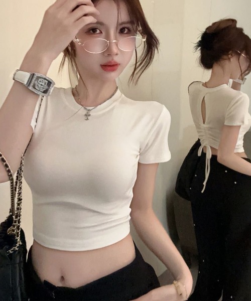 Songe(ソンジュ)の「ドローストリングバックレス背あき半袖Tシャツ(Tシャツ/カットソー・レディース・オフホワイト/ブラック/ホワイト・L/M/S)」の9枚目の写真