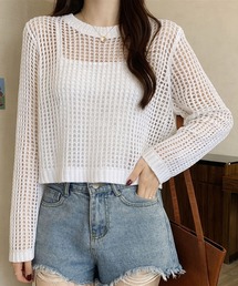【EIZZ/アイズ】透け編みショート丈 メッシュニット クロップド 長袖 トップス