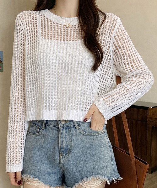VIBGYOR(ヴィブジョー)の「【EIZZ/アイズ】透け編みショート丈 メッシュニット クロップド 長袖 トップス(Tシャツ/カットソー・レディース・グレー/ブラック/ホワイト・FREE)」の1枚目の写真
