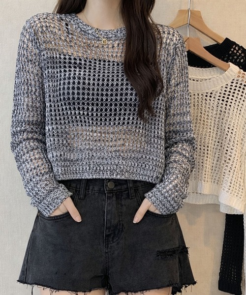 VIBGYOR(ヴィブジョー)の「【EIZZ/アイズ】透け編みショート丈 メッシュニット クロップド 長袖 トップス(Tシャツ/カットソー・レディース・グレー/ブラック/ホワイト・FREE)」の7枚目の写真