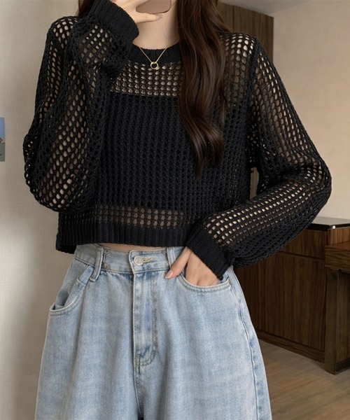 VIBGYOR(ヴィブジョー)の「【EIZZ/アイズ】透け編みショート丈 メッシュニット クロップド 長袖 トップス(Tシャツ/カットソー・レディース・グレー/ブラック/ホワイト・FREE)」の8枚目の写真